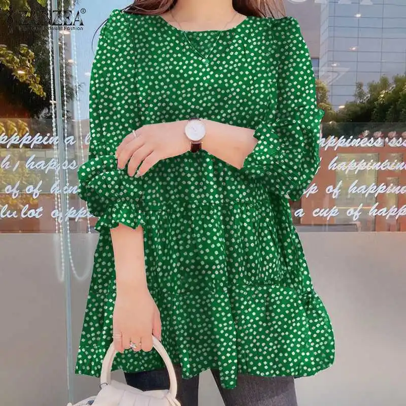 

2022 Autumn Womens Print Blouse ZANZEA Retro Polka Dot Blusa Casual Loose O Neck Tunic Fashion Puff Sleeve Ruffle Tops