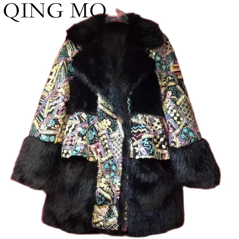 

QING MO Winter Fur One Thick Cotton Jacket Women 2021 Fashion New Jacquard Embroidery Cardigan Female Jacket ZWL1255