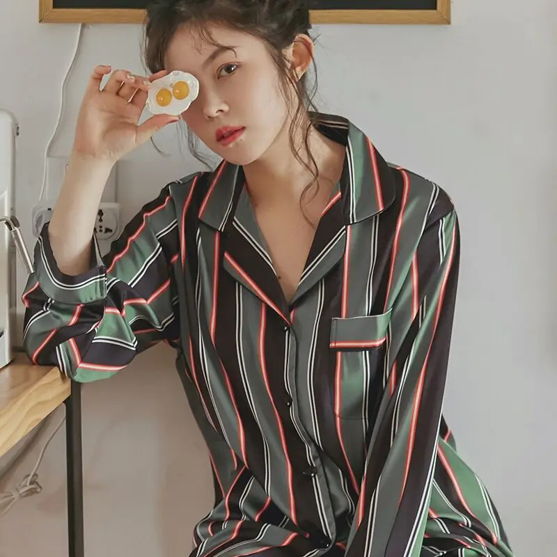 

2020 New Women Ice Silk Satin Pajamas Set Long Sleeve Sleepwear Spring Striped Pyjamas Home Clothing 2 Pieces Female Pijamas