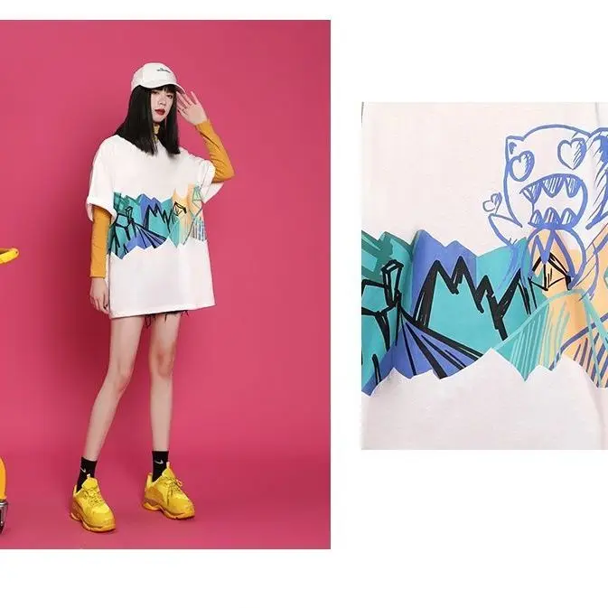 

Summer 2021 new Korean design sense minority women's top short sleeve fashion brand loose fashion printed T-shirt