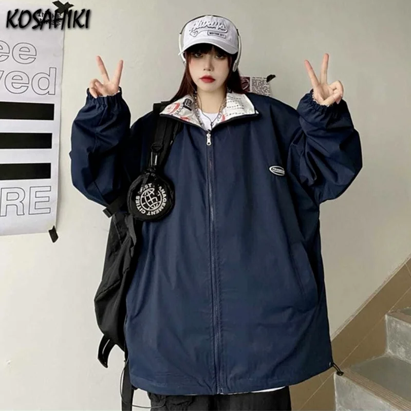 

KOSAHIKI Reversed Jackets Women Students Harajuku Preppy Style Womens Patchwork Cartoon Print Tops Loose Streetwear Coats