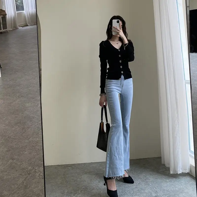 

Женские узкие джинсы с завышенной талией, женские элегантные расклешенные брюки, брюки-годе, элегантные джинсовые брюки для женщин, весна-о...