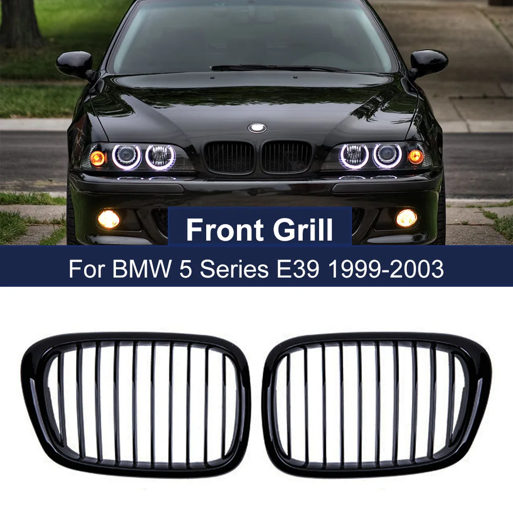 2PCS Front Bumper Kidney Grille Glossy Black Single Line One Slat  for BMW 5 Series E39 M5 1999-2004 Car Styling Racing Grill