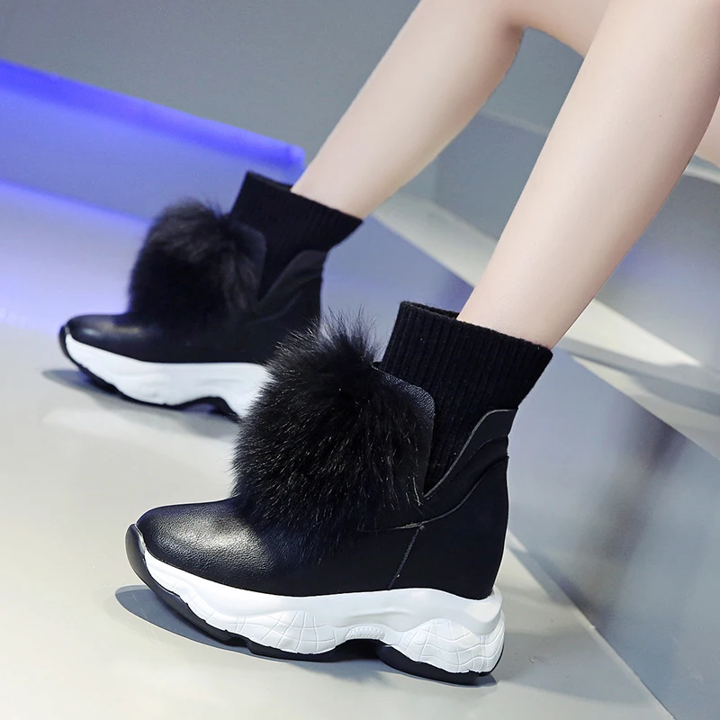 Women Winter Boots 2019 Warm Fur Snow 8CM Heels Sneakers Plush Comfortable Thick Bottom Short Sock Woman Botas Mujer |