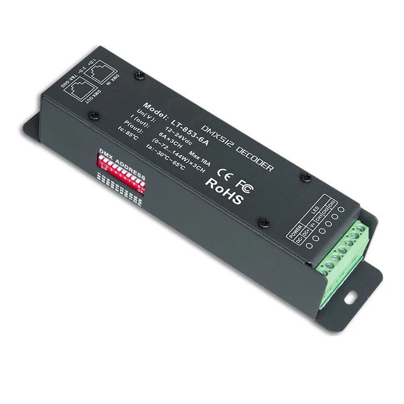 

New Led DMX Decoder 6A*3CH DC 12V-24V 6A 3 Channel 18A Output LED RGB Strip Light DMX512 Controller Constant Voltage Decoder