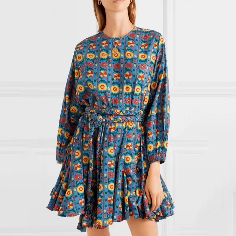 

CHICEVER Hit Color Dress For Women O Neck Lantern Long Sleeve Print Ruffles Ruched Lace Up Mini Dresses Female 2020 New Clothing