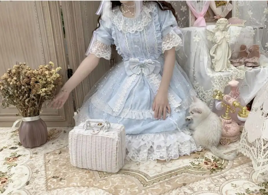 Ретро готический дворец Лолита op лоли cos сладкий платье в стиле «Лолита» летние kawaii для девочек свежий кружевной бант с О-образным вырезом платье в викторианском стиле