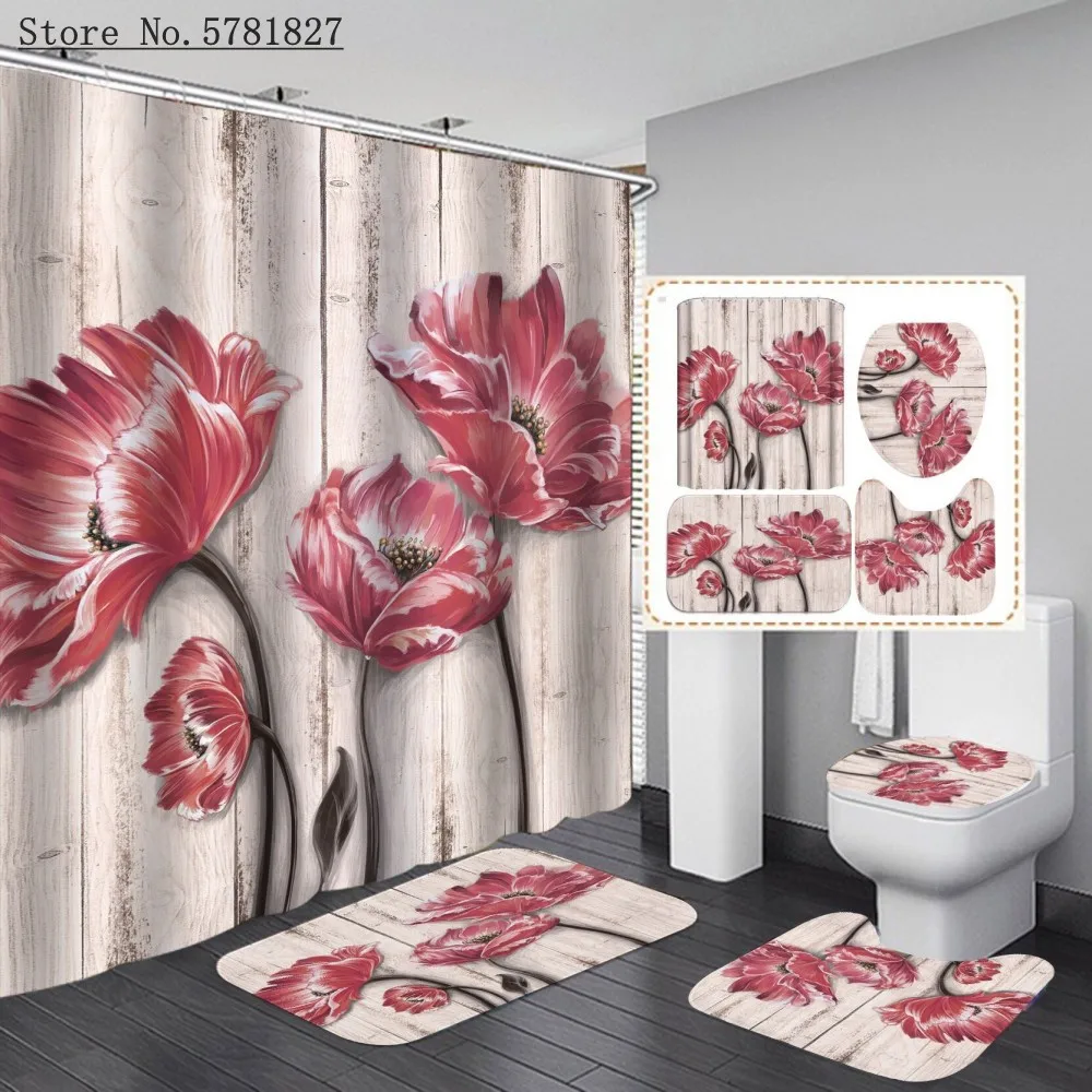 Занавеска для душа с цветами и 3D-принтом 4 шт. | Дом сад