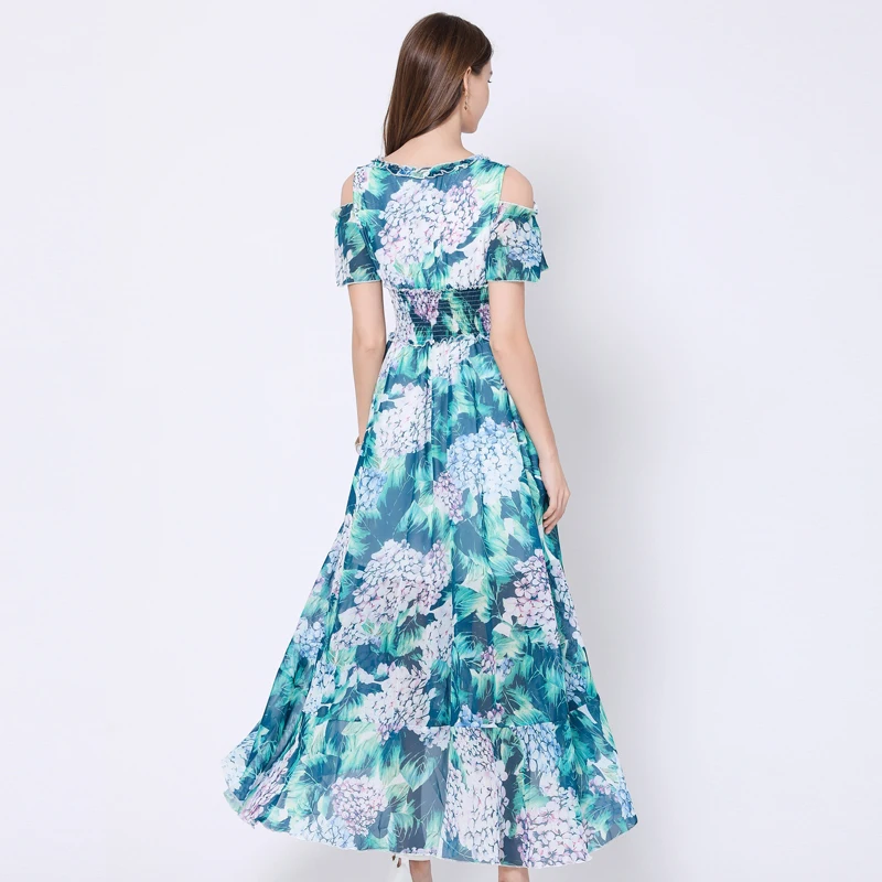 

2020 Summer New Women Fashion Floral Printed Dress V Neck Off Shoulder Short Sleeve Slim Ruffle Layer Medium Long Dresses