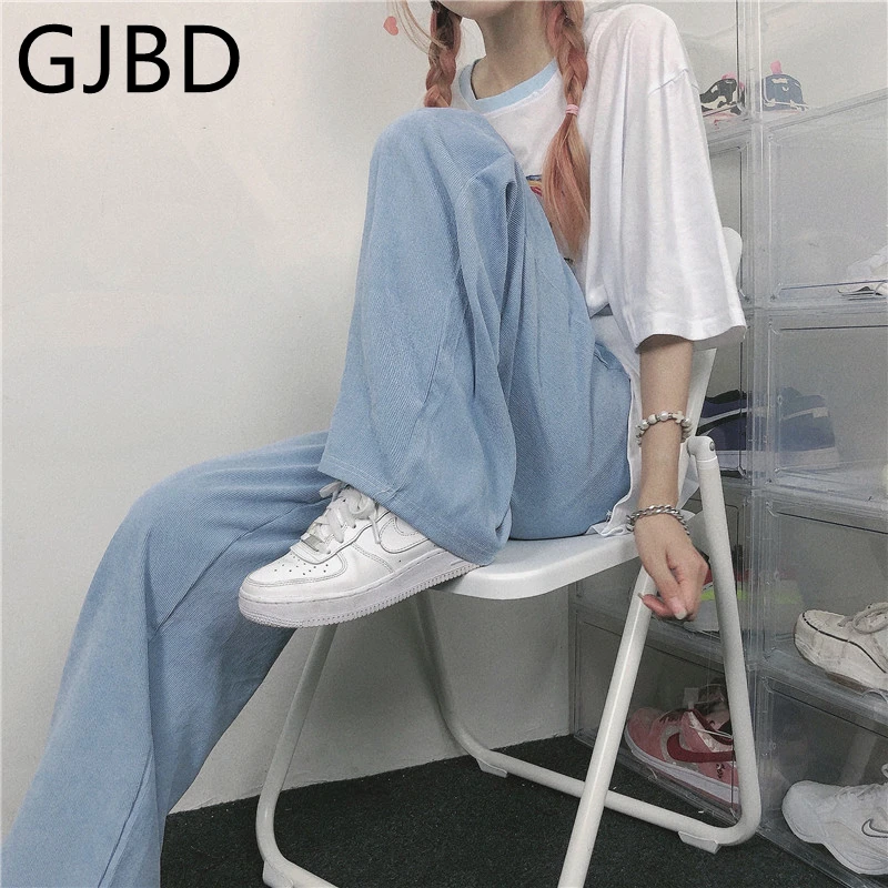 

Women's Pants 2021 Summer New Corduroy Water Lake Blue Baggy Wide Leg Pants Streetwear Casual Straight High Waist Mom Trouser