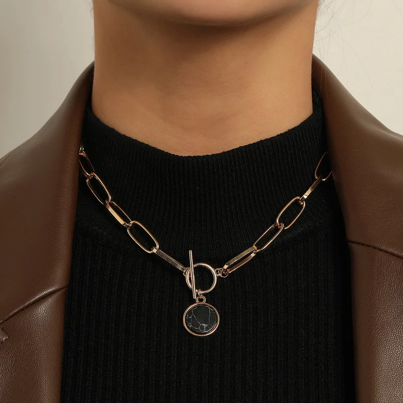 

Vintage Boho Natural Stone Choker Round Pendant Chunky Chain Gold Silver Color Necklace for Women Fashion Jewelry Gift