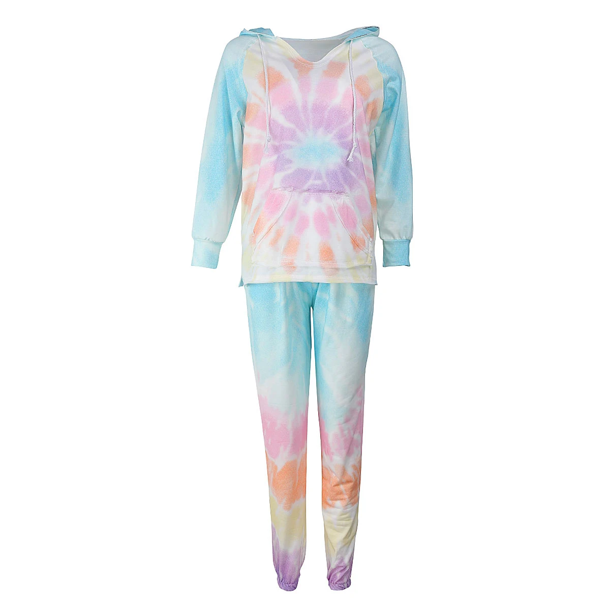 

2 Pieces Nightwear Set for Women Female Tie-Dye Print Long Sleeve Hooded Top+Pyjama Trousers( White/Multicolor)