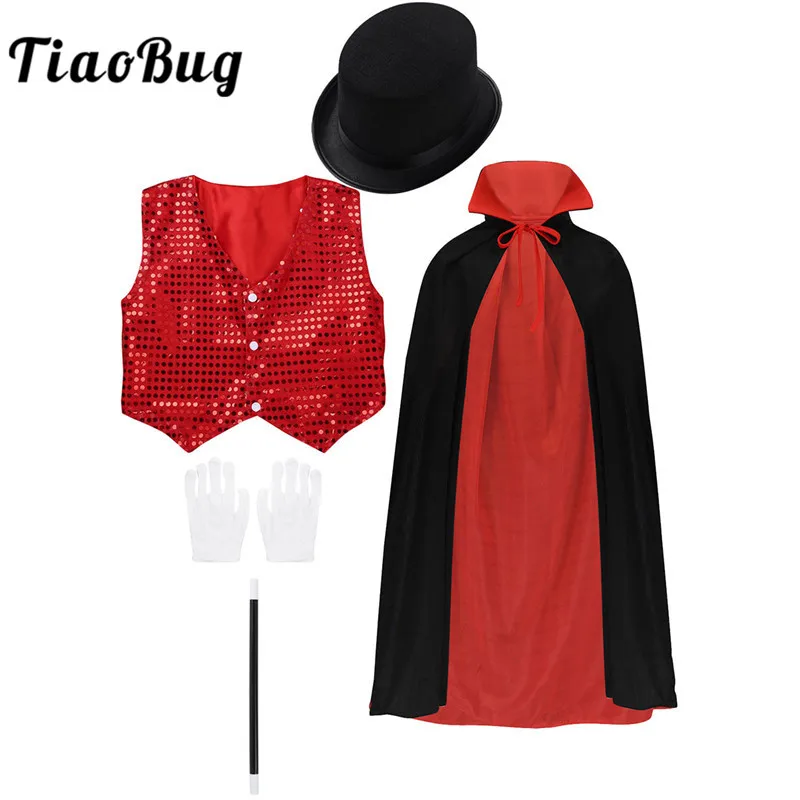 

TiaoBug Kids Role Play Stage Performance Cloak with Waistcoat Hat Magic Wand Gloves Set Children Boys Halloween Magician Costume