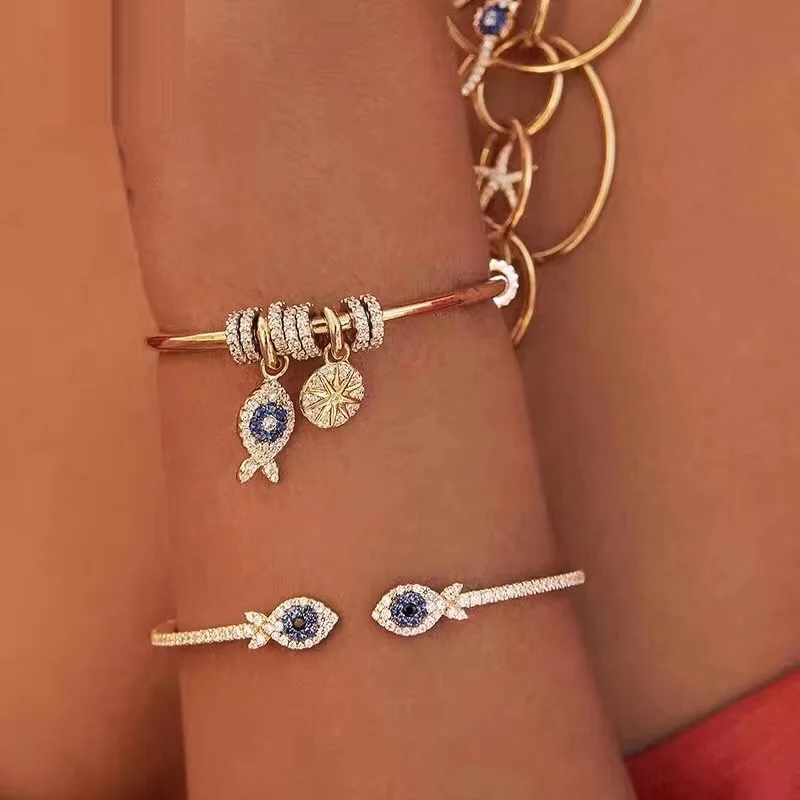 Желтое Золото счастливые Рыбы манжеты браслеты голубые глаза компас крест кулон