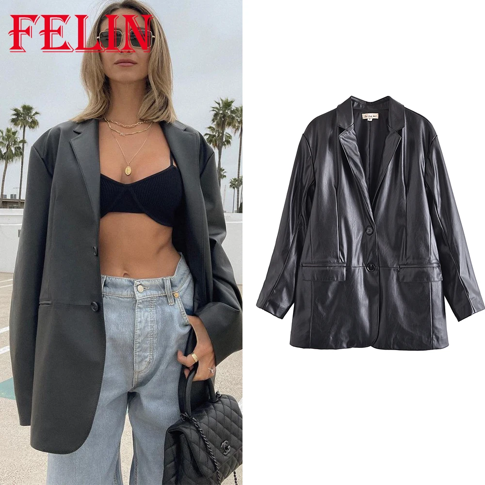 

FELIN Za 2021 женский модный блейзер из искусственной кожи с карманами винтажные однотонные черные свободные куртки женская верхняя одежда шикарные женские топы
