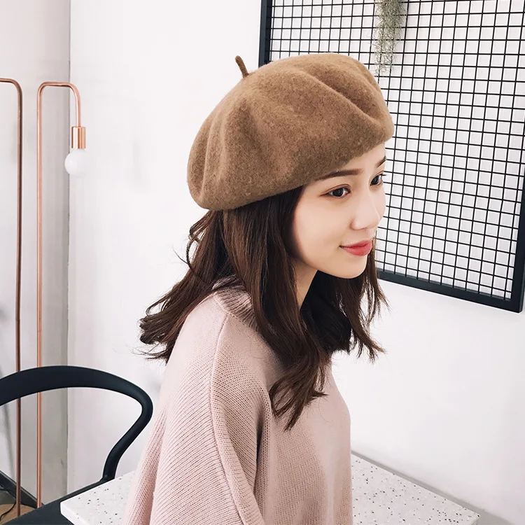 

Wholesale 100% Pure Wool Beret Hat Women Felt Beret British Style Fashion Girls Lady Solid Color Slouchy Winter Hats 100PCS/lot