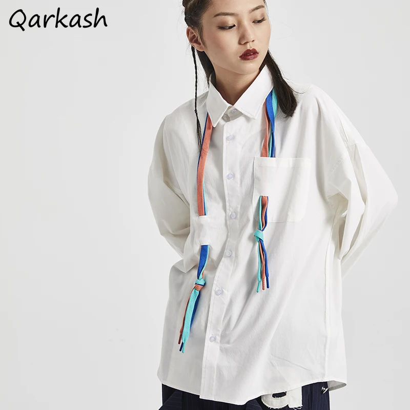 

Женская рубашка в эстетическом стиле, Белый Свободный Топ с длинным рукавом, темпераментная стильная свободная Однотонная рубашка для девушек в колледже, подходящая ко всему