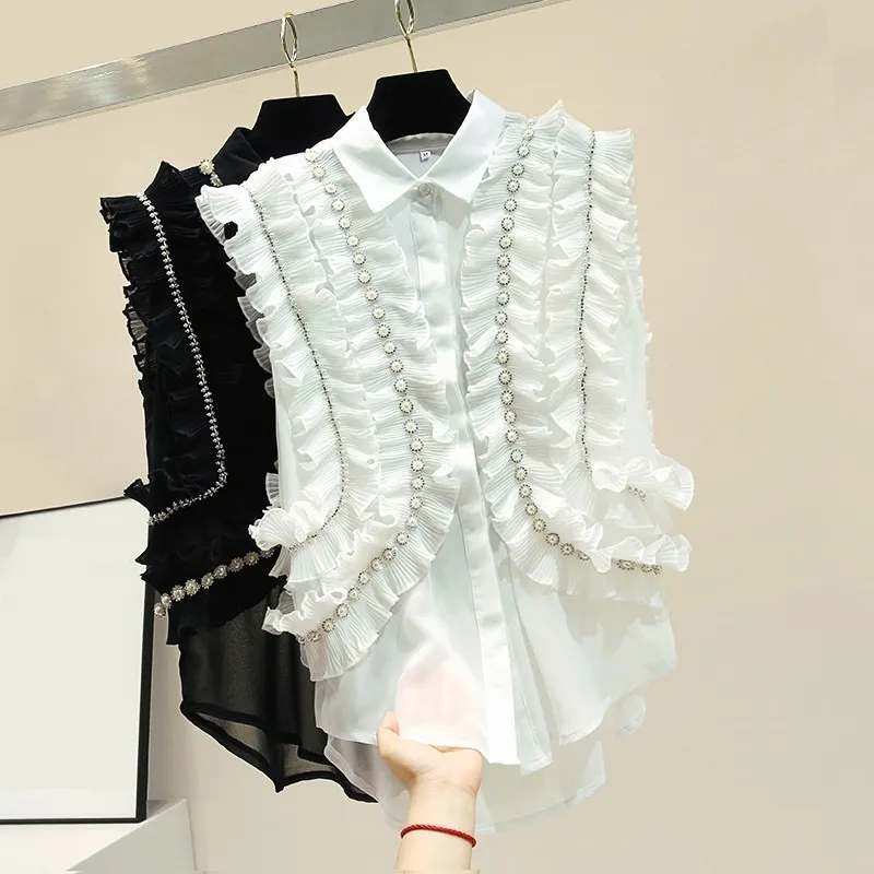 CHICEVER Повседневная шифоновая Лоскутная Женская рубашка с оборками и отворотом