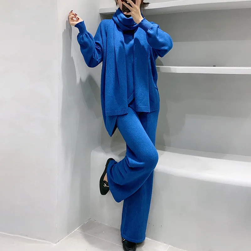

Casual Tracksuit Women 3 Pieces Set Knitted Pullover Sweaters Elastic Waist Straight Pants + Scarf Women's Sets