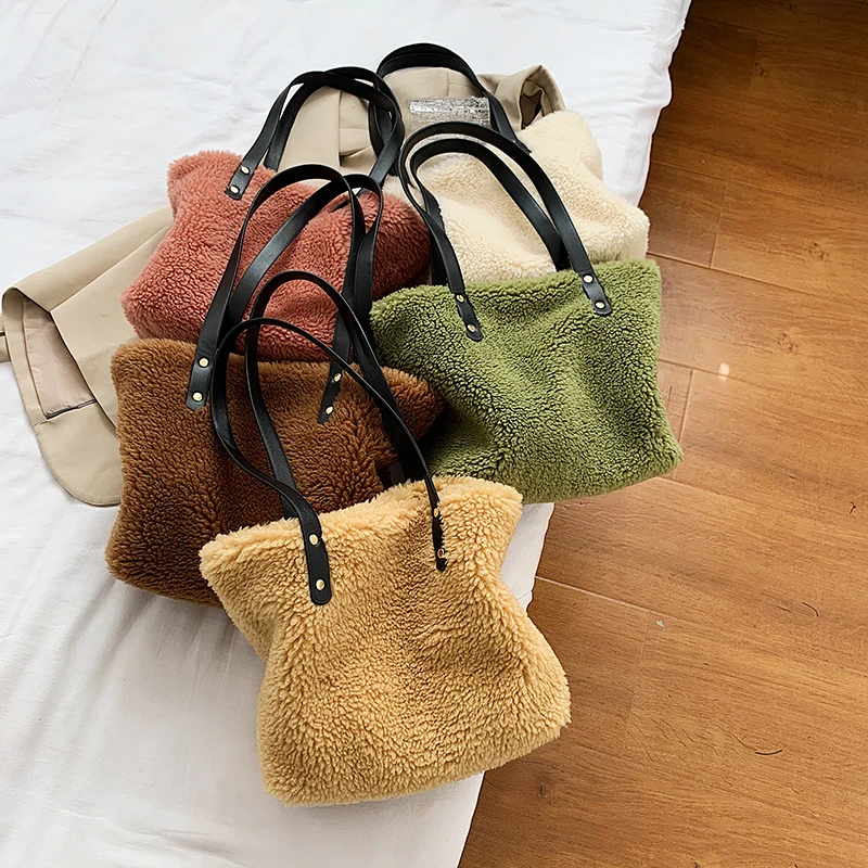 

Lambswool Shoulder Bags For Women 2021 Winter Totes Soft Plush Faux Fur Handbags And Purses Lady Casual High Capacity Hand Bag