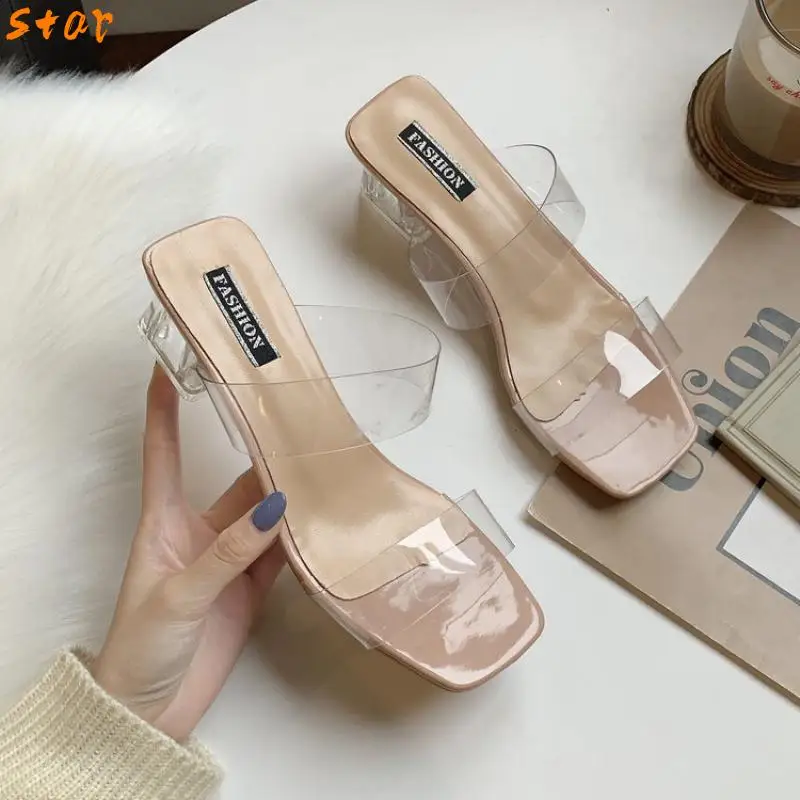 Transparent High Heels Women Square Toe Sandals Summer Shoes Woman Clear High Pumps Wedding Jelly Buty Damskie Heels Slippers