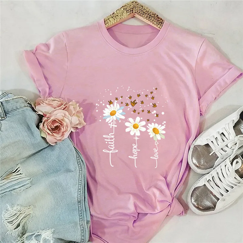 

Plus Size Summer T-Shirt Faith Letters Daisies Print TShirt 100%Cotton T Shirt Women O Neck Short Sleeve Top Tee Womens Clothing