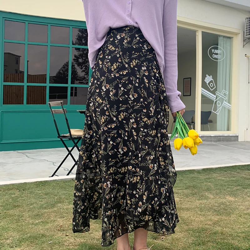 

New Summer Fashion Chiffon Skirts Women Lace-up Asymmetrical High Waist Slim Thin Skirts Female Print Floral A Line Falda Midi