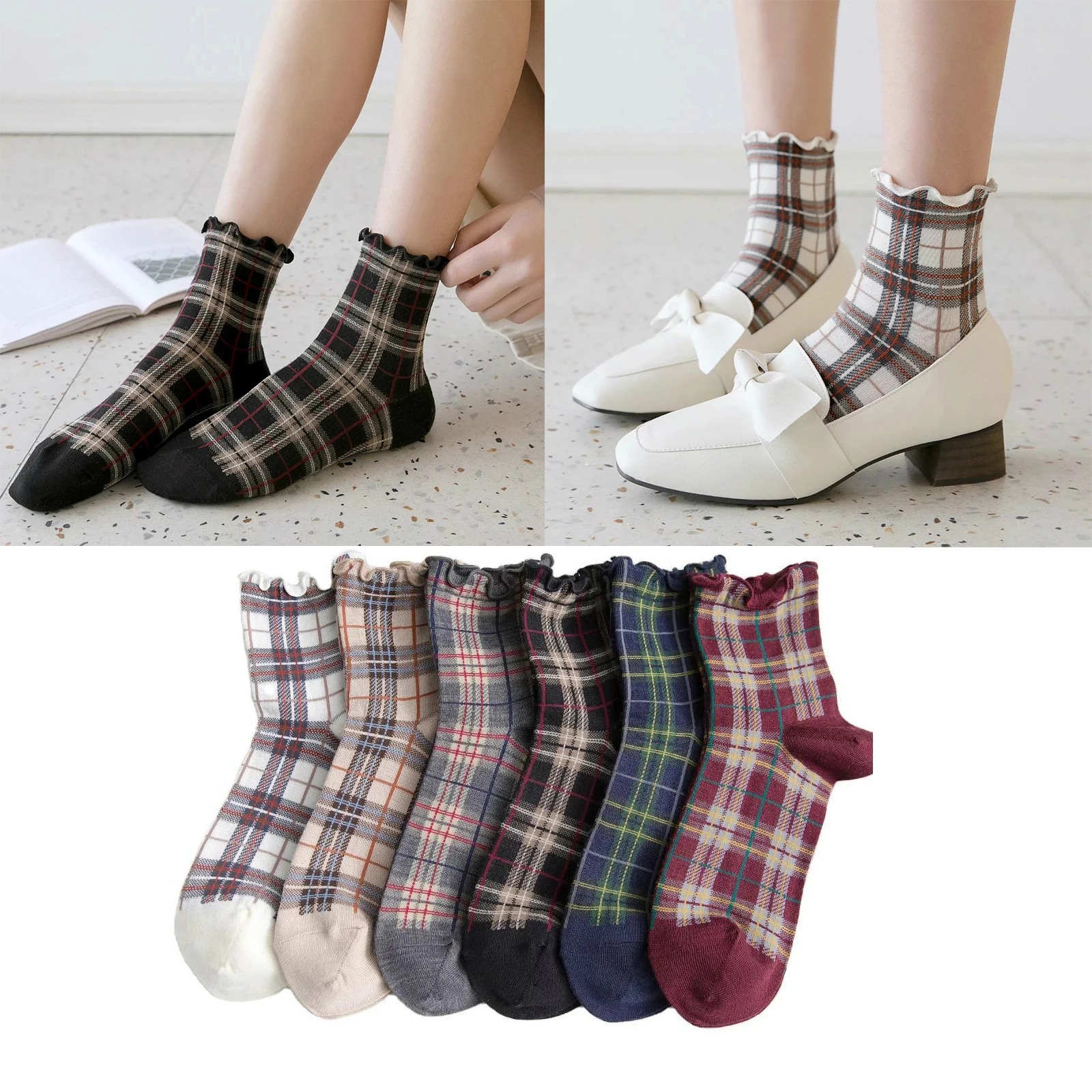 

Spring and Autumn New Products Japanese Wooden Ears Scottish Square Women's Socks Retro Medium Tube Plaid Personality Wholesale