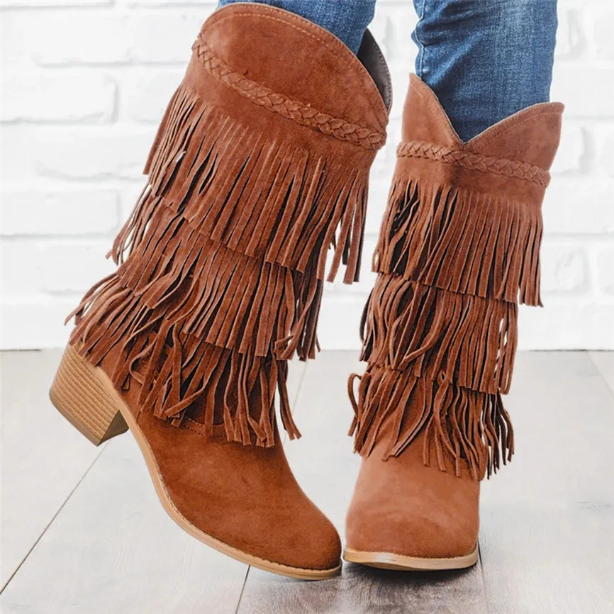 Женские повседневные полусапожки с бахромой в богемном стиле ботинки этническом