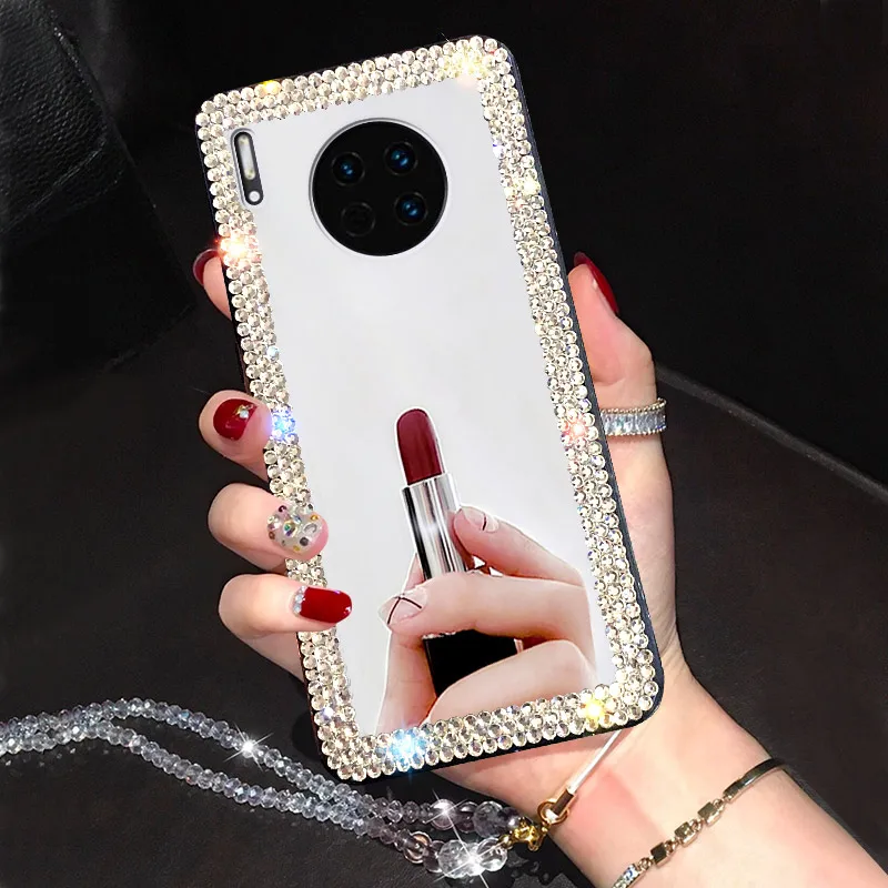 Phone Case For Huawei P30 Pro Mate 30 Real Mirror Glossy Diamond Rhinestones Ring Stand Cover Crystal Wrist Strap Accessories |