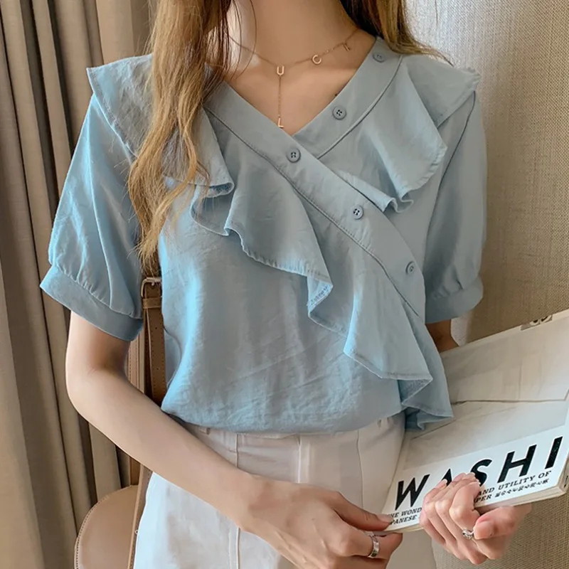 Летняя женская футболка корейский стиль 2020 топы футболки одежда шифон v-образный