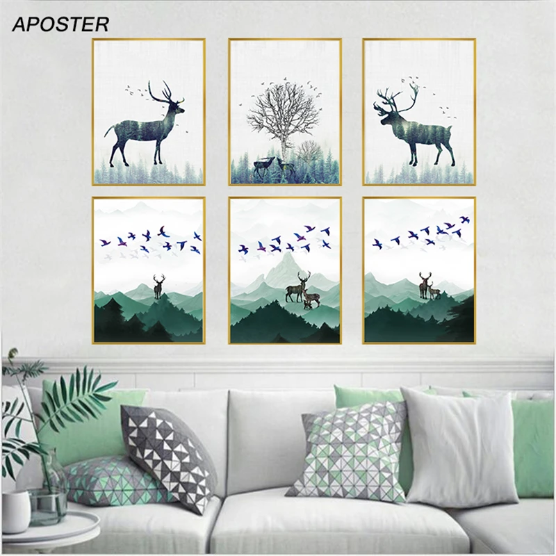 Скандинавский Холст плакат олень птица природный пейзаж стены искусство картина