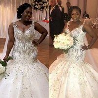 mermaid plus size wedding dresses 2021 luxury beaded crystal v neck african nigerian chapel train trumpet wedding gown
