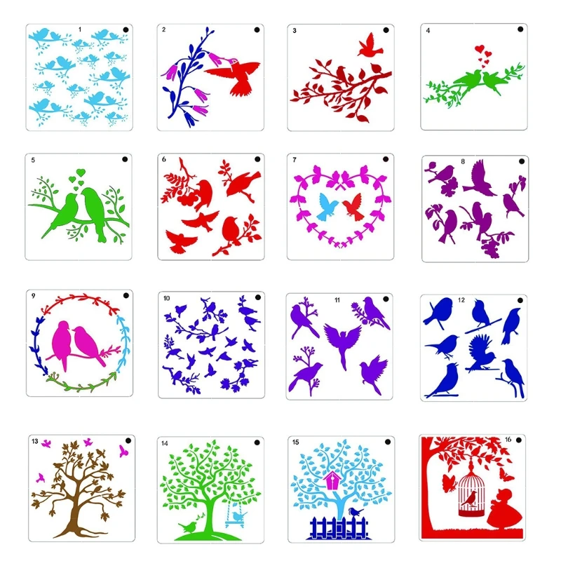 

MXLC 16 Pcs Birds Drawing Stencils Flower Leaf Bird Tree Painting Stencil Drawing Template Reusable Painting Stencils