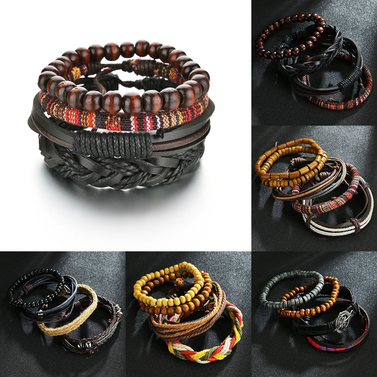 

Retro Leather Bracelets for Men Boyfriend Bohemia Multilayer Beads Wrap Punk Rope Jewelry Valentine's Day Gift Bangles
