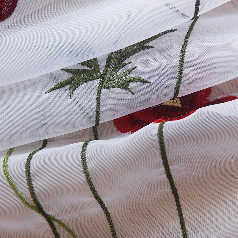 

Classic White Sheer Embroidered Red Flower Curtains Tulle for Living Room Simple Pastoral Window Screen Voile Curtain bedroom