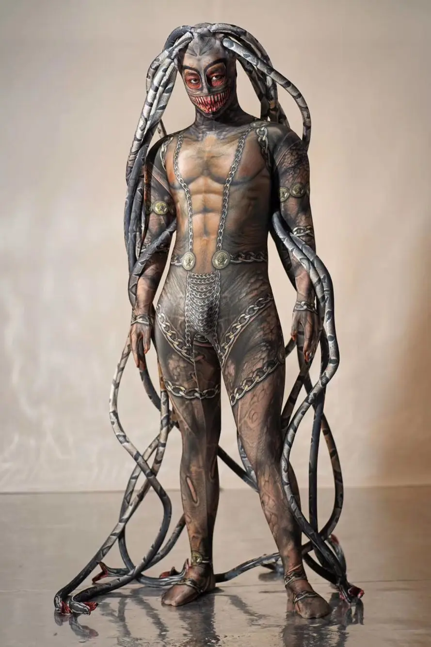 Baskı alien yılan kostümleri cosplay parti suit serin erkekler Medusa siyam bodysuit sahne gösterisi podyum modeli cadılar bayramı partisi olay