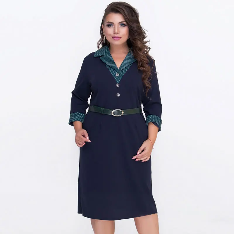 5XL6XL большой размер Женская одежда осеннее элегантное женское офисное платье пояса длиной до колена прямое платье плюс размер женское платье - Цвет: 03-ZBD1714 dark blue