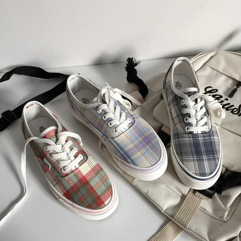 

2021 Spring Female Leisure Shoes Short Low Lace Up Plaid Check Summer Sneakers Girls Gumshoes Basic All Match Simple Canvas Shoe