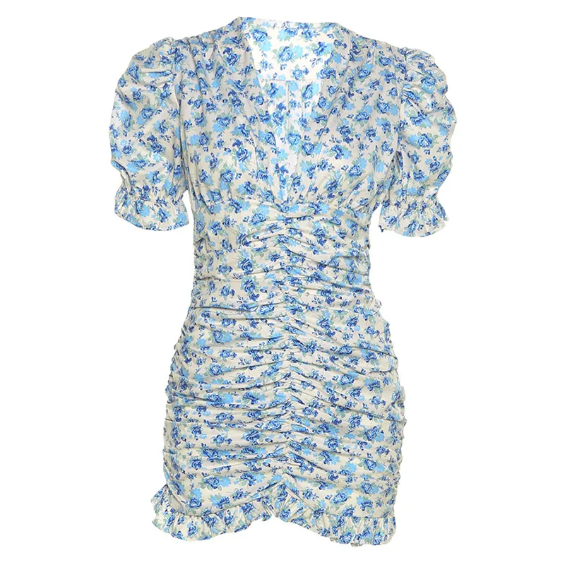 

Print Puff Sleeve Bodycon Dress Women Deep V Neck Mini Dress 2021 Summer Ladies Boho Dress Vestidos Robes