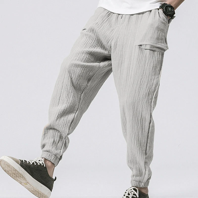 

High Quality Mens Hip Hop Cotton Linen Pants Drawstring Waist Pocket Loose Pencil Pants Casual Harem Sweatpants Trousers