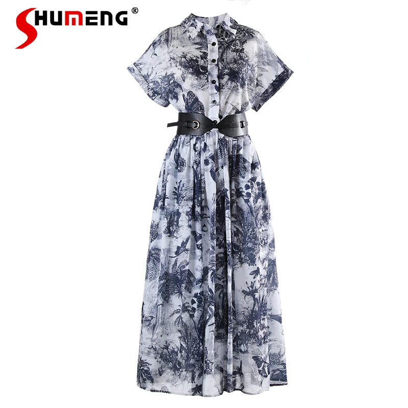 

2021 Summer New Ladies Cotton Vintage Ink Painting Printing A- Line Maxi Dress Women Fashion Simple Turn-down Collar Long Dress