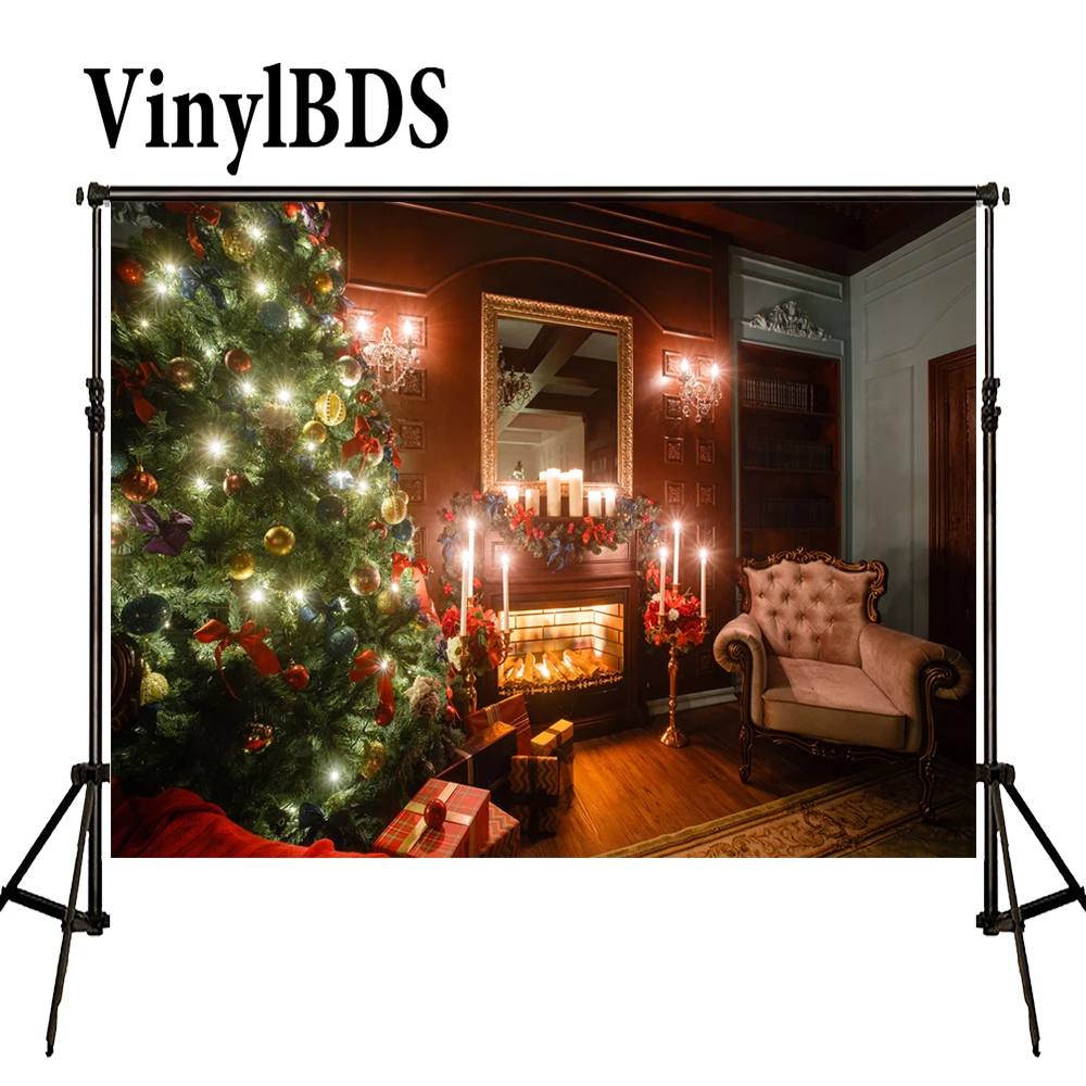 

VinylBDS Photography Backdrops Christmas Backdrop Arbol De Navidad Madera Decorative Fireplaces Wood Floor Background