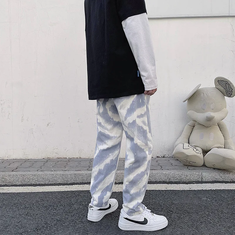 2023 New style spring and  e spring andutumn Tie-Dye Sports Men's Casual Hip-Hop High Street Elastic Waist Trendy Wide-Leg Jeans