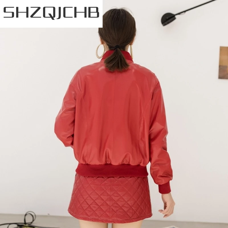 

JCHB 2021 Women Fashion Stand Collar Loose Fit Bomber Jacket Casual Tops High Quality Genuine Leather Jacket Female Short Sheesp