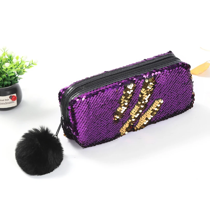 Pencil Case For Girls Kawaii School Pencil Case Stationery Sequin Pen Case Hairball Trousse Scolaire School Supplies Pencil Bags