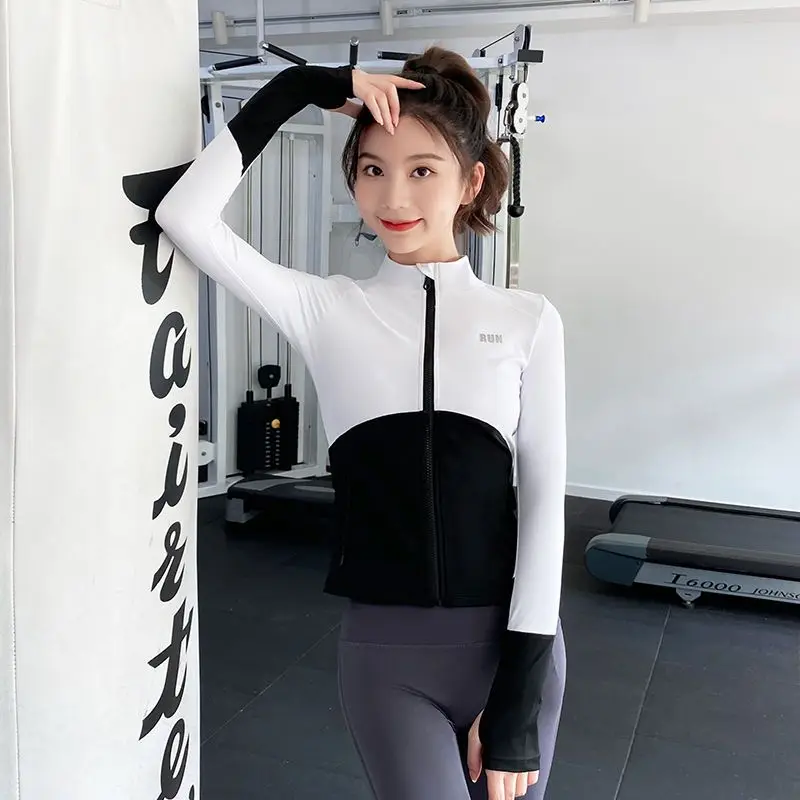 

Женская спортивная куртка, осенне-зимние колготки контрастных цветов, Быстросохнущий топ с длинными рукавами, кардиган для бега, тренирово...