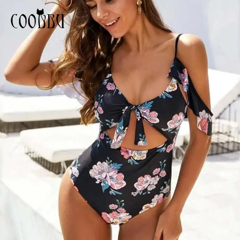

COOBBU Floral Print Swimsuit Women 2021 Bandage Swimwear Sexy Beach Bathing Suit Halter Beachwear Monokini Swim One-Piece Suits