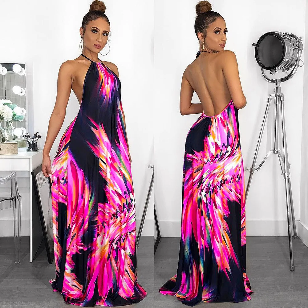 

MUDAN Ladies Elegant Dress Fashion Print Halter Neck Mopping Floor Dress