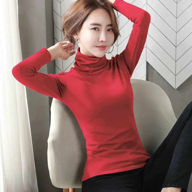 

Женские футболки, Женский Топ большого размера для осени и зимы, черный с высоким воротником, женские рубашки, укороченный топ, женские футб...